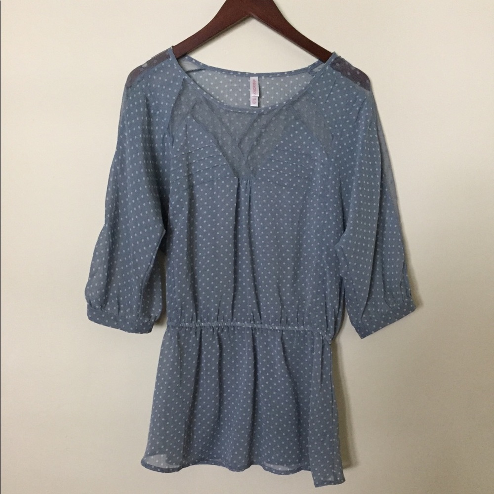 Blue and Cream Polka Dot Sheer Peasant Top